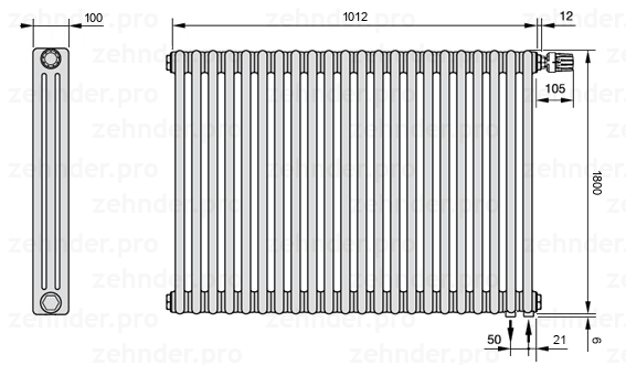Схема (чертеж) Радиатор Zehnder Charleston 3180/22 №V002 Белый глянцевый RAL 9016